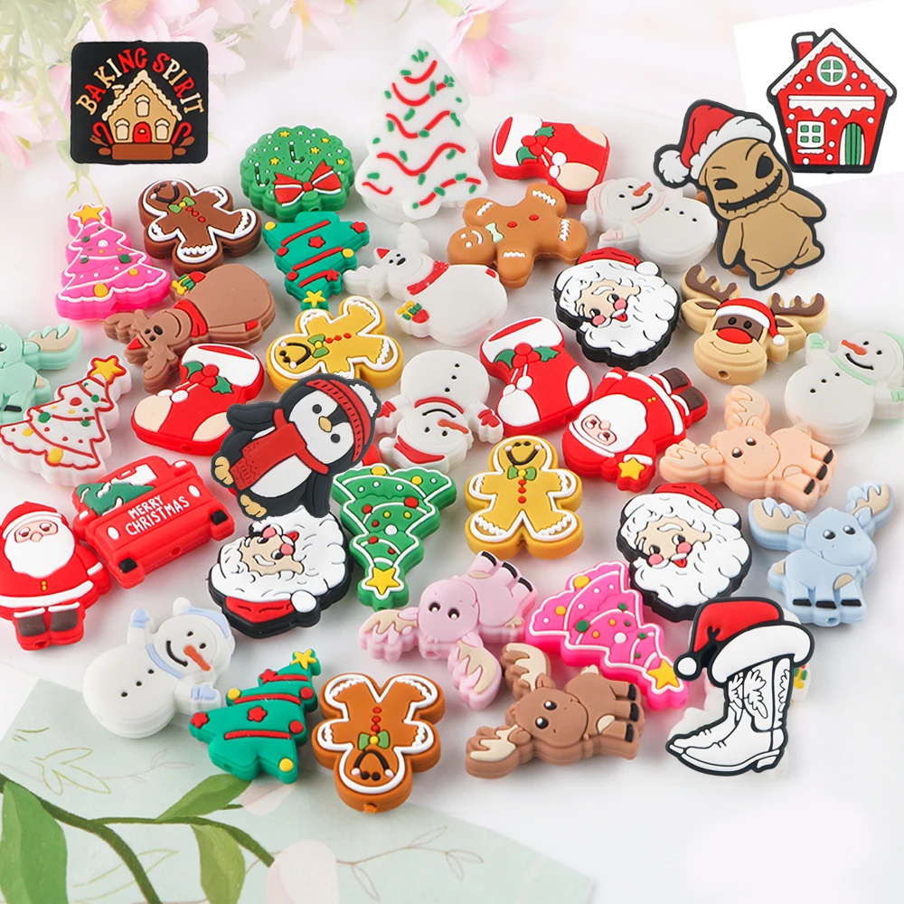 

50-200pcs New Santa Reindeer Snowman Cookies Christmas Silicone Beads For Jewelry Making DIY Christmas Gifts Jewelry Accessories