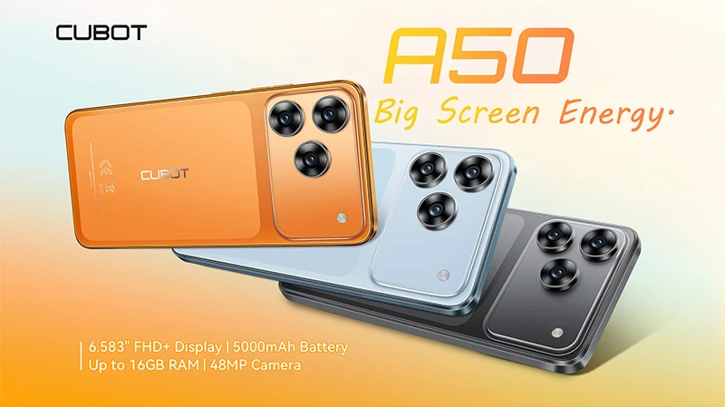 Smartphone Android 16 Cubot A50, 6.58-inch FHD+ Screen, Octa-core, 16GB(6+10) RAM, 128GB ROM, 5000mAh Battery, 48MP+16MP Cam,NFC