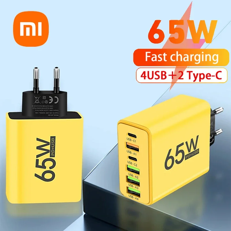 Xiaomi 65W Phone Charger 6 Ports GaN USB PD Charger USB C To Type C High-speed Charger Data Cable Cord QC3.0 Cellphone Adapter