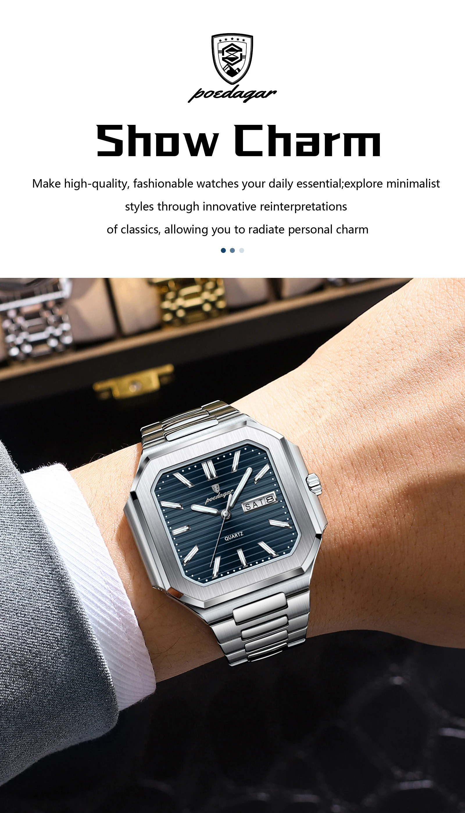 POEDAGAR Platz Mode Mann Armbanduhr Wasserdicht Leucht Datum Woche Quarz herren Uhren Edelstahl Luxus Männer Uhr Reloj – Detail 5