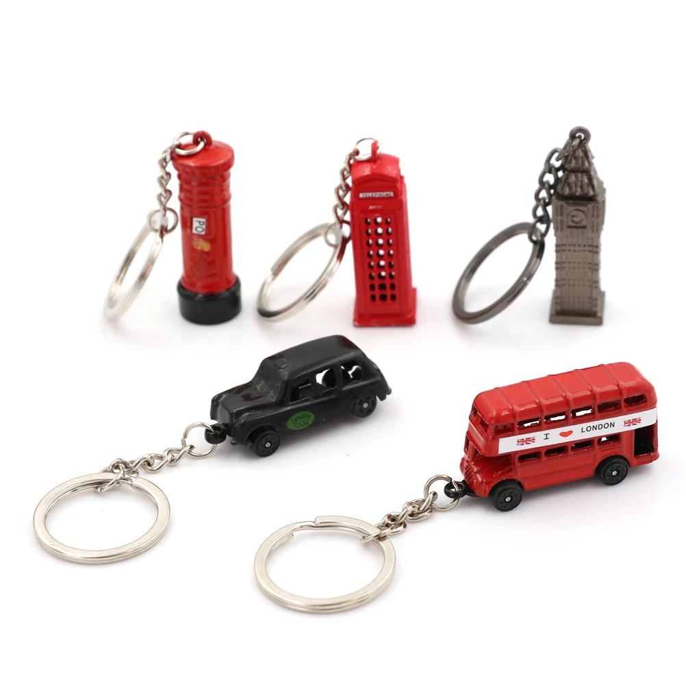 British Miniature London Model Key Ring Keychain Souvenir Red Bus Taxi