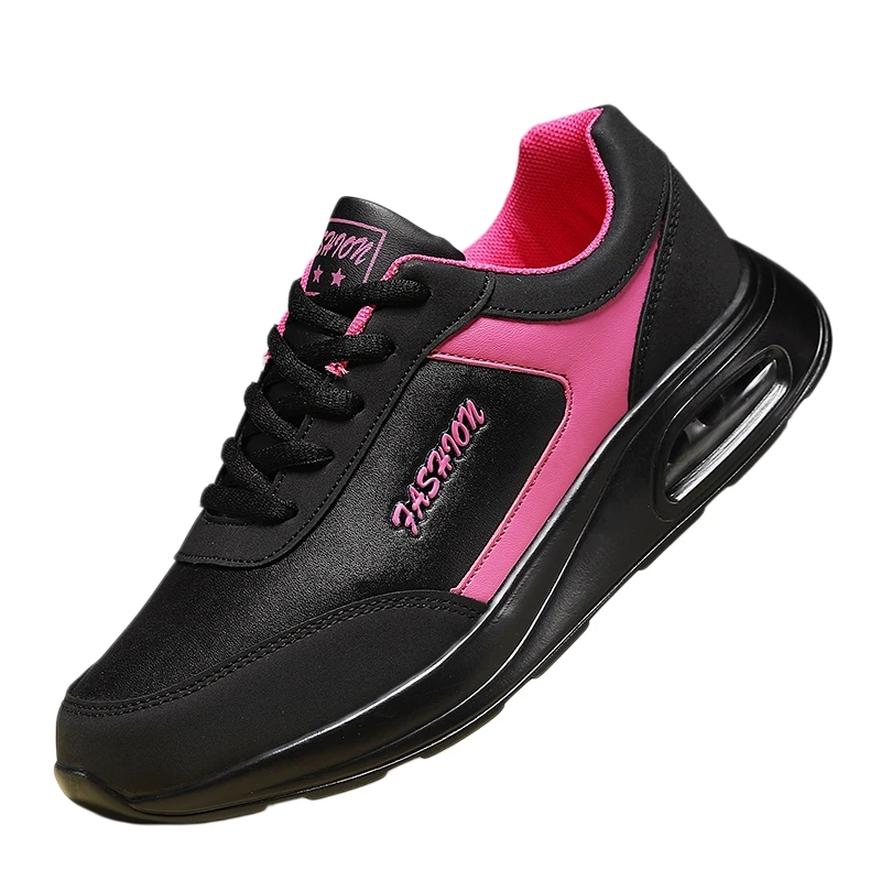 Women Running Shoes Leather Air Cushion Sneakers Lace Up Shock Absorbing Daily Walking Travel Casual Footwear Waterproof