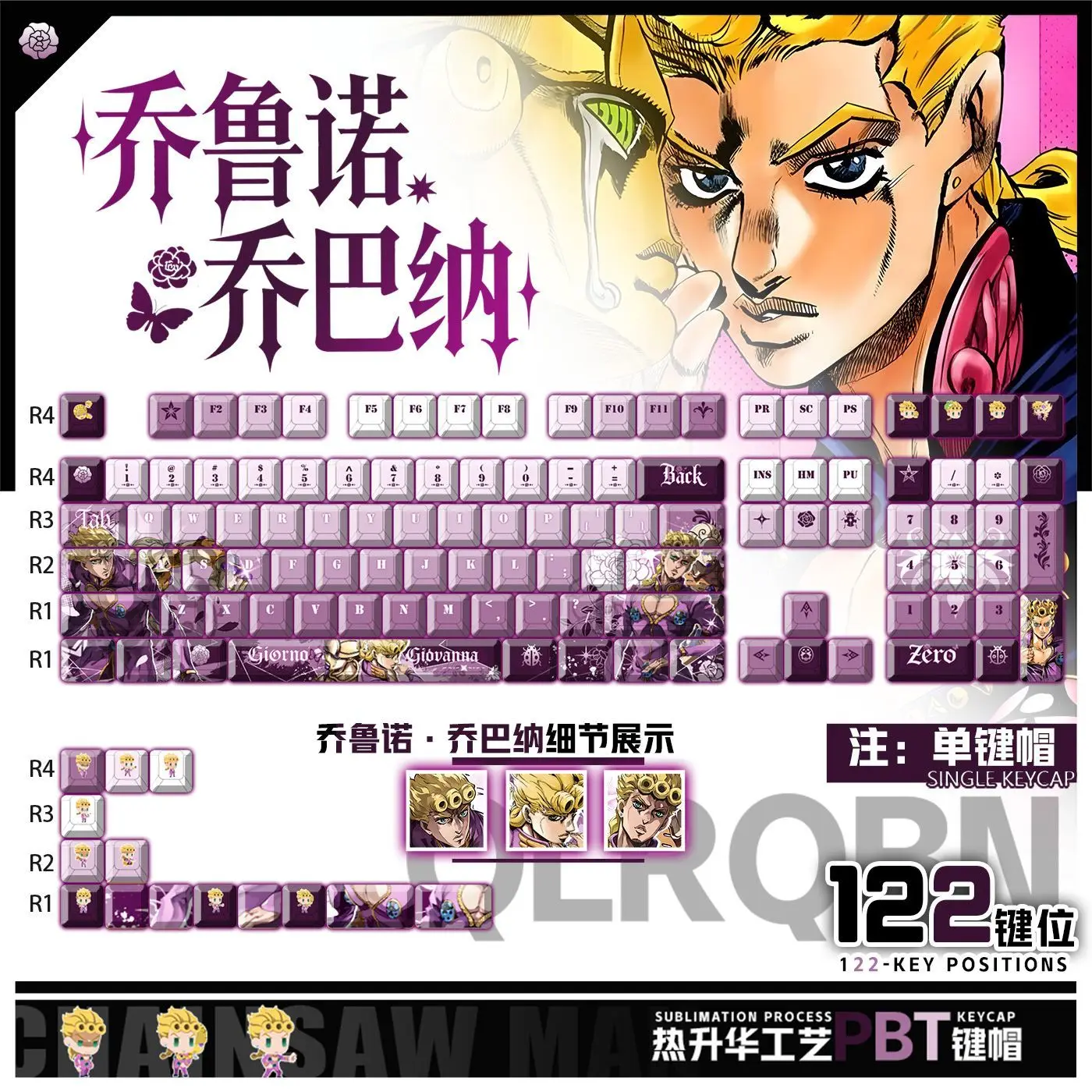 122 KeysJoJo's Bizarre Adventure Giorno Giovanna Keys Game Cherry PBT Side Transparent Keycap for Wooting 60 Mechanical Keyboard
