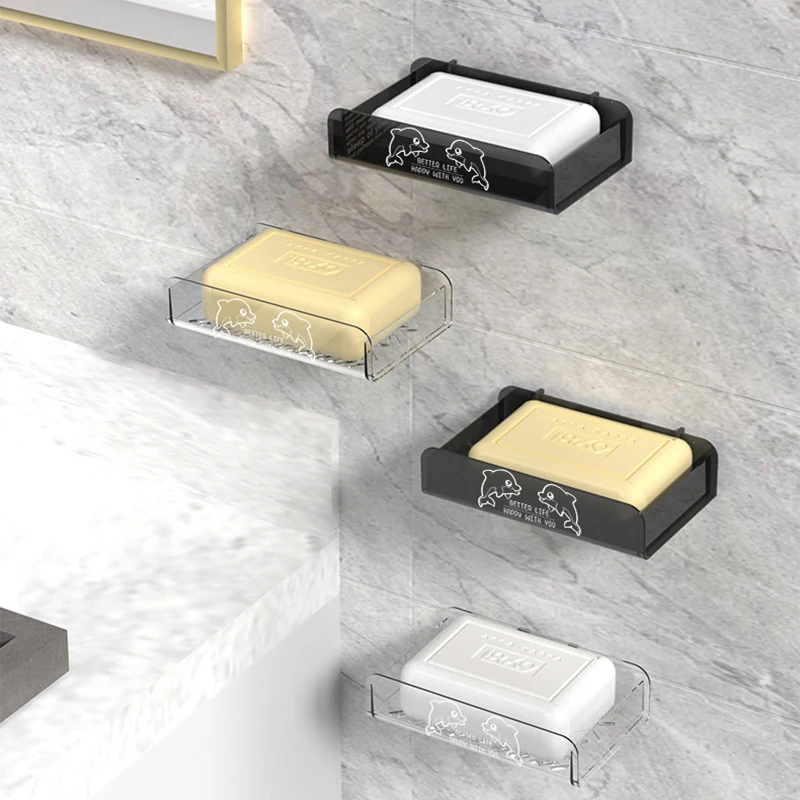 

Wall Mounted Soap Dish With Drain Water Home No Punching Bathroom Shelf Sponge Storage Box Soap Box Holder