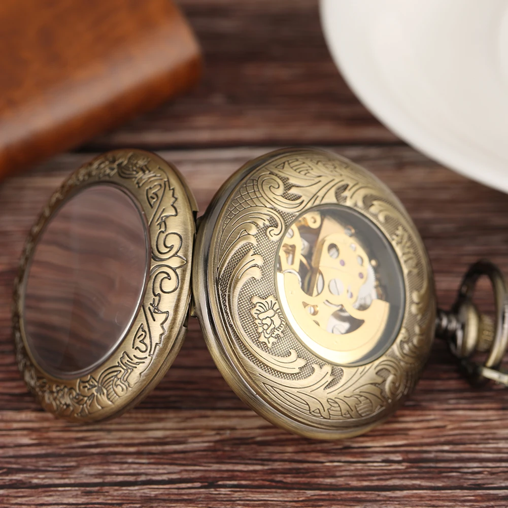 Transparent Glass Bronze Mechanical Pocket Watch Self Winding Movement Vintage Style Automatic Mechanical Timepiece Gift Men