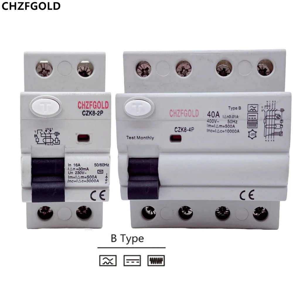 CHZFGOLD CZK9 Magnetic B Type RCCB Residual Current Circuit breaker DCELCB 2P 4P 40A 63A 30mA 100mA 300mA Type B RCD Leakage10KA