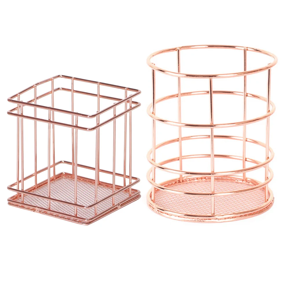 

2pcs Rose Gold Metal Pen Holder Desktop Storage Basket Pencil Organizer Lightweight Sturdy Holder For Home