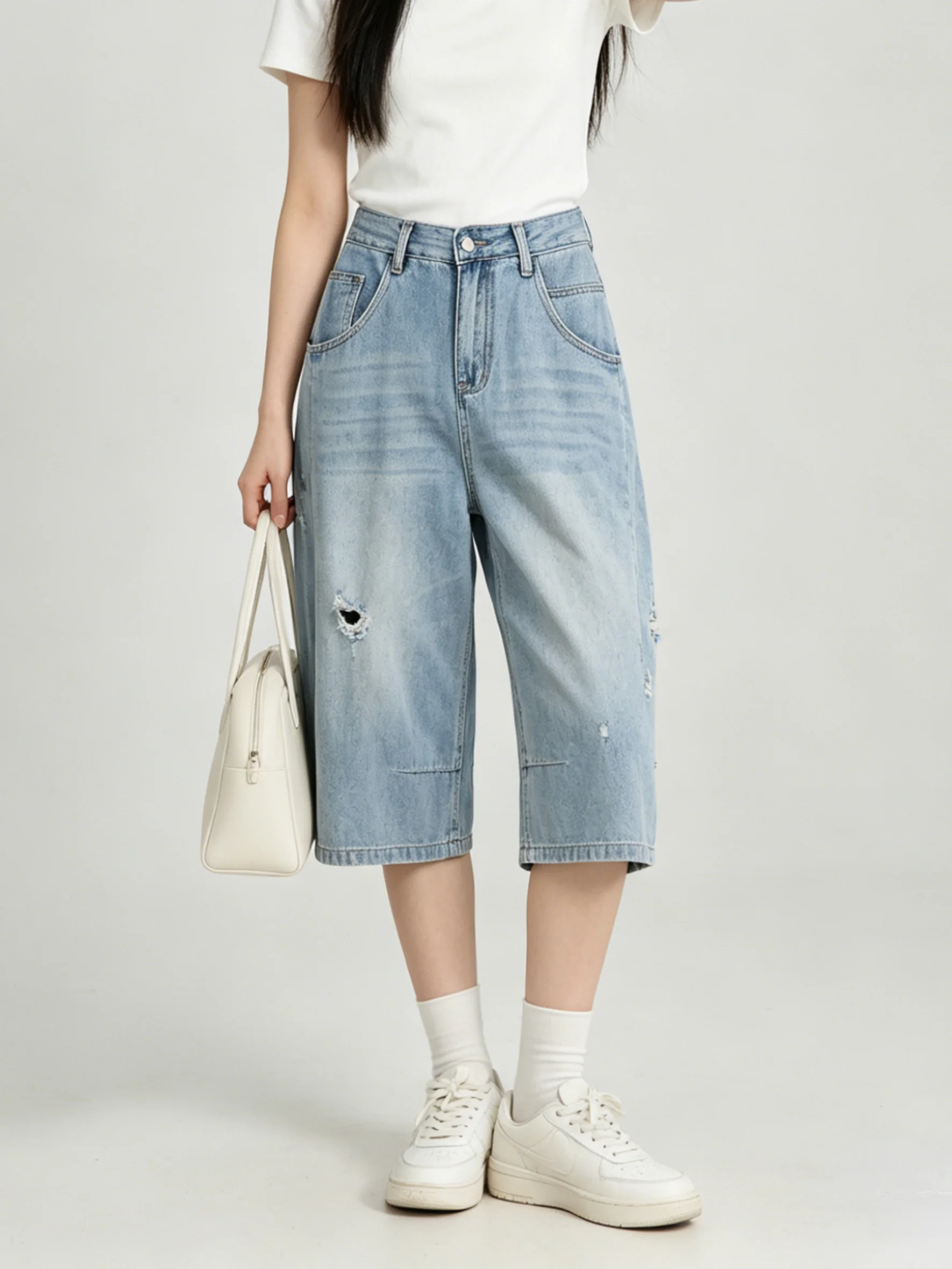 

Korean Style High Waist Wide Leg Jeans Women's Summer Loose Washed Hole Denim Pants Light Color Casual Daily Outfit