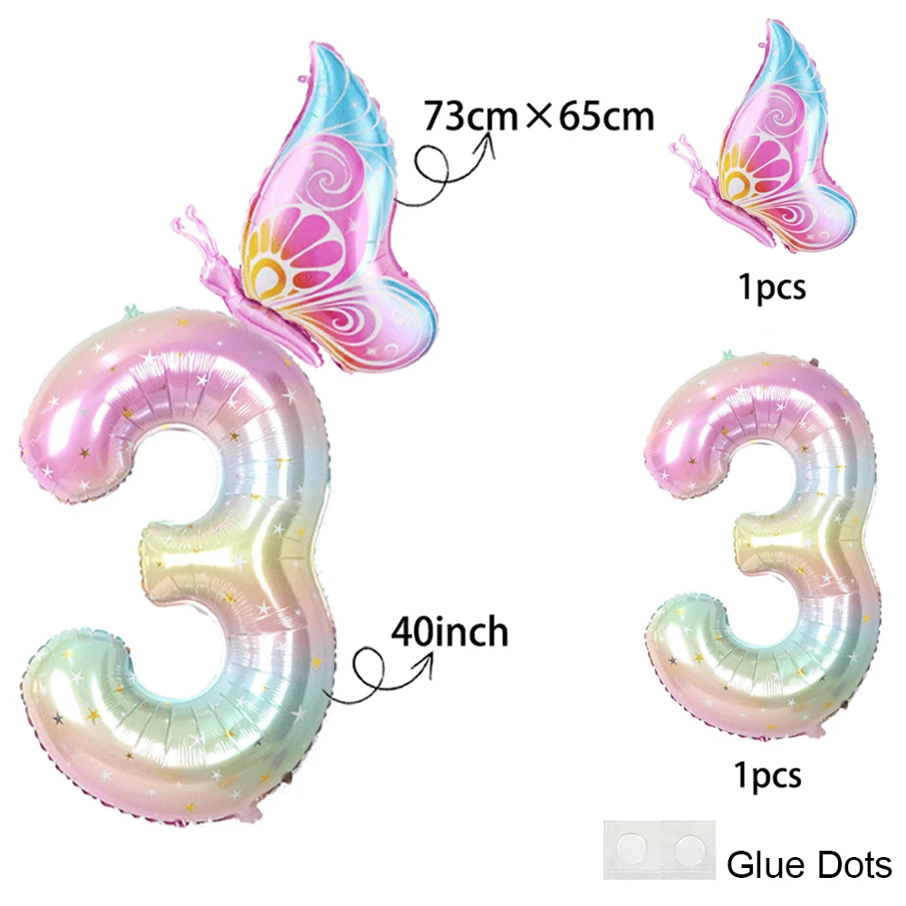 여아용 그라디언트 컬러풀 호일 풍선, 핑크 나비 풍선, 요정 생일 장식, 파티 용품, 1-9 호일, 40 인치