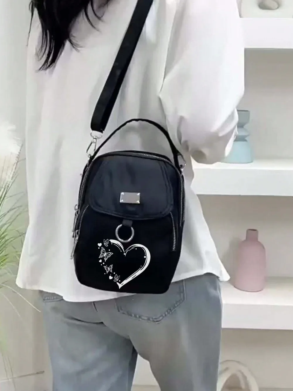 1pc frauen Nylon Schulter Tasche Herz Schmetterling Muster Casual Mini Umhängetasche Einstellbar Multi-Schicht Einfarbig hand Tasche – Detail 2