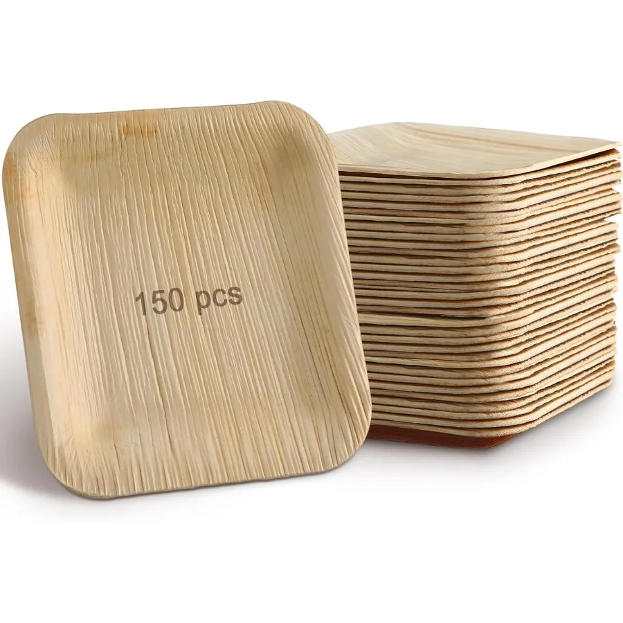 

150 шт., 4-дюймовые квадратные бамбуковые тарелки с пальмовыми листьями, одноразовый деревянный набор посуды, тарелки с листьями для свадьбы, общественного питания, мероприятий, рождения