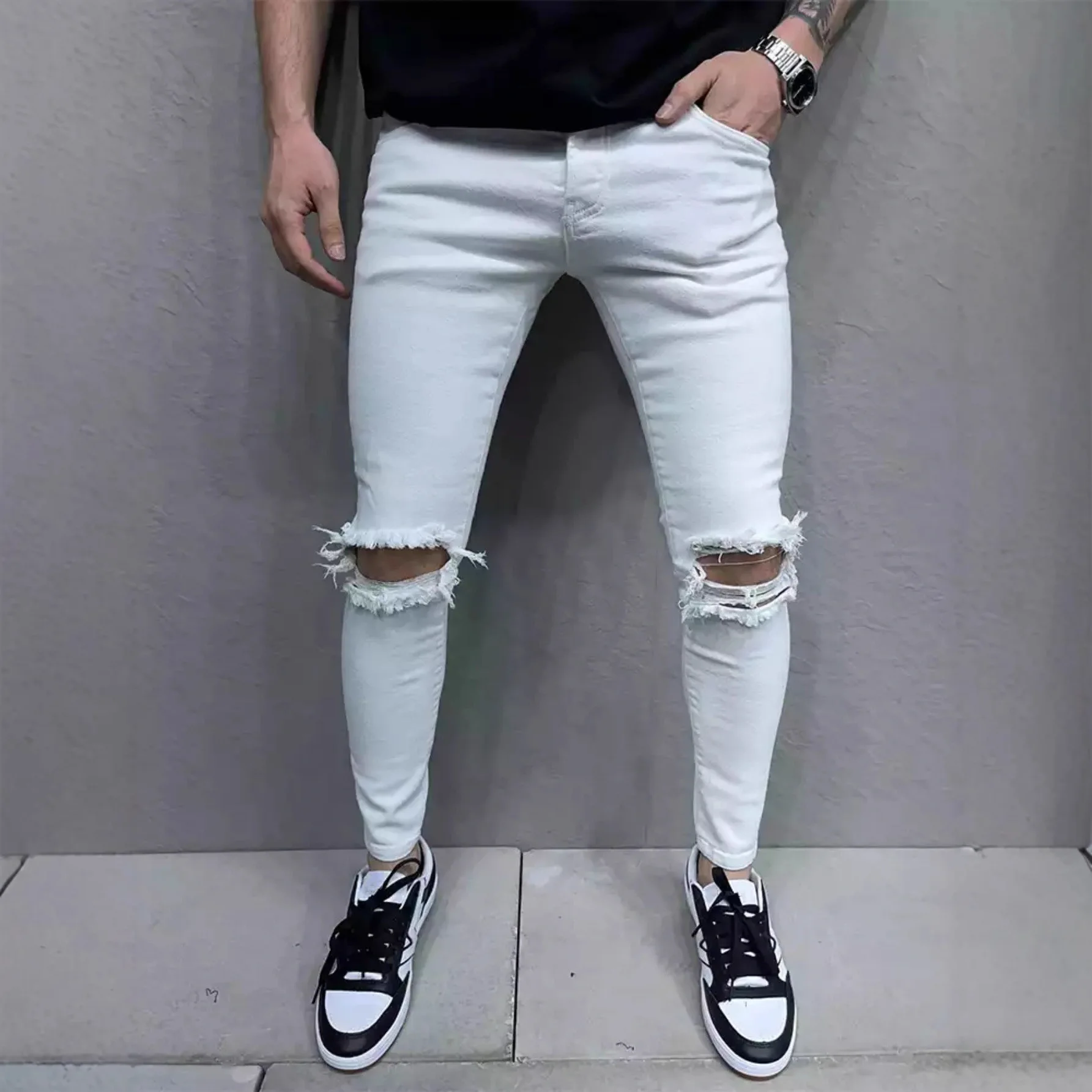 New Men's Clothing Tight Fashion Casual Solid Color Ripped Mid-waist Pants Casual Trousers