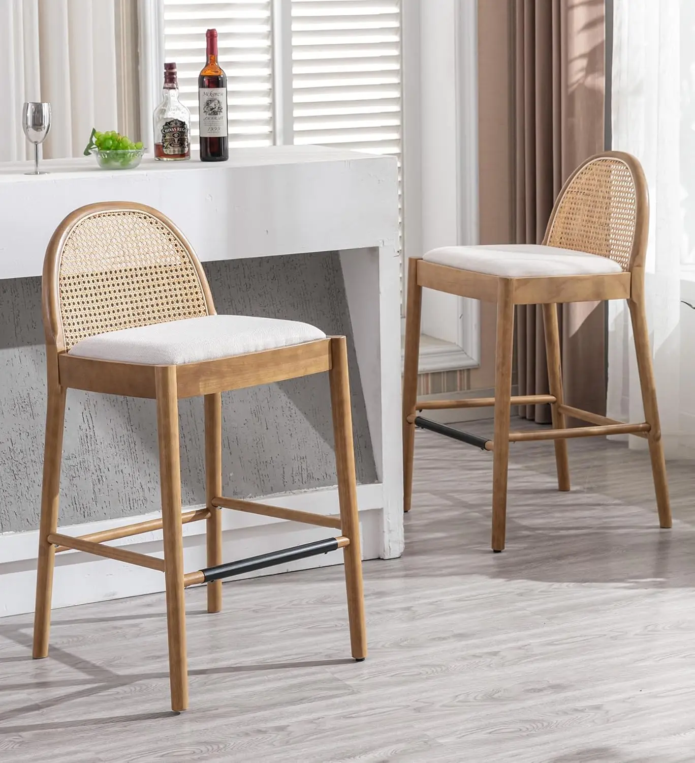 

Modern Bar Stools Set of 2, 29' Height, Rattan Back, Linen Upholstered with Wood Legs, Beige