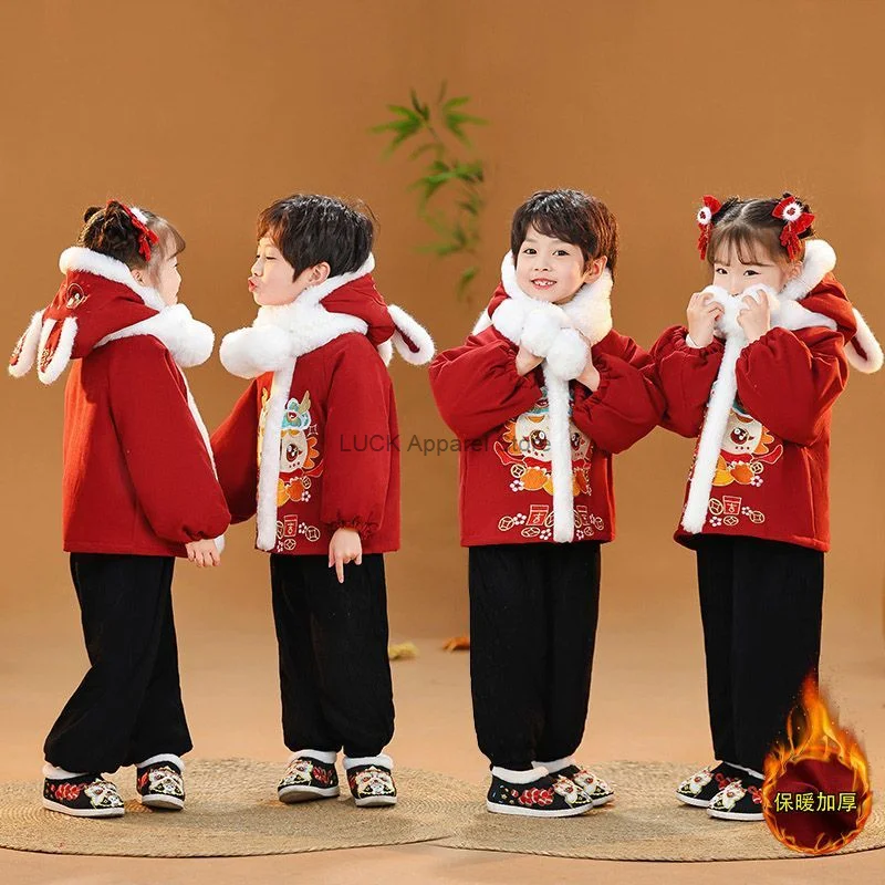 Girls In Winter Hanfu Boys In New Year's Greetings Siblings In Dragon Babies Tang Costumes New Year's Celebrations Cosplay