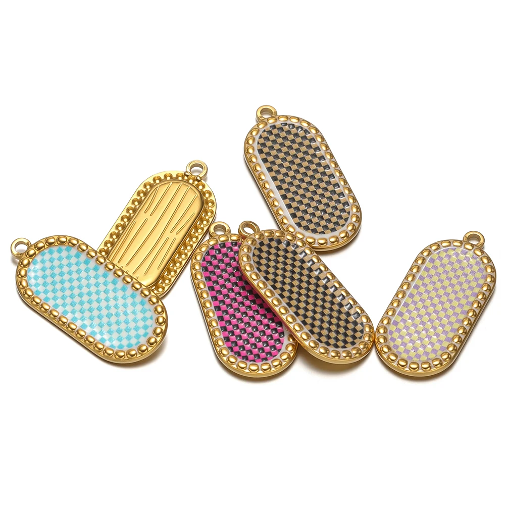 4 Uds. Colgante de dijes a cuadros ovalados dorados de acero inoxidable para mujer DIY, collar, accesorios de joyería, pulseras, pendientes, suministros para hacer
