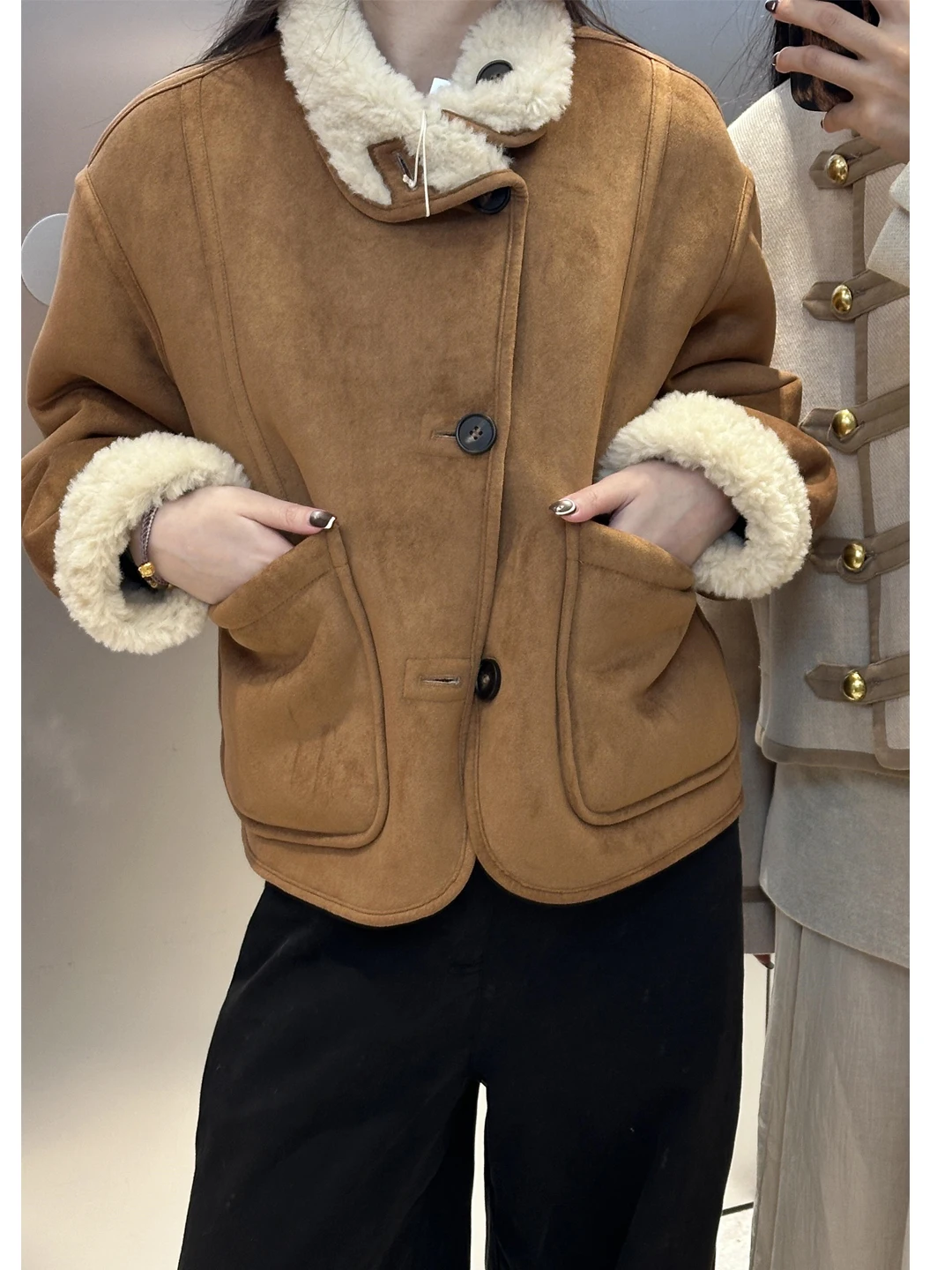 Thiened-ropa de doble cara para mujer, Jaet de piel de cordero, abrigo informal holgado y cálido de invierno, Mili Beige, terciopelo de cordero esponjoso