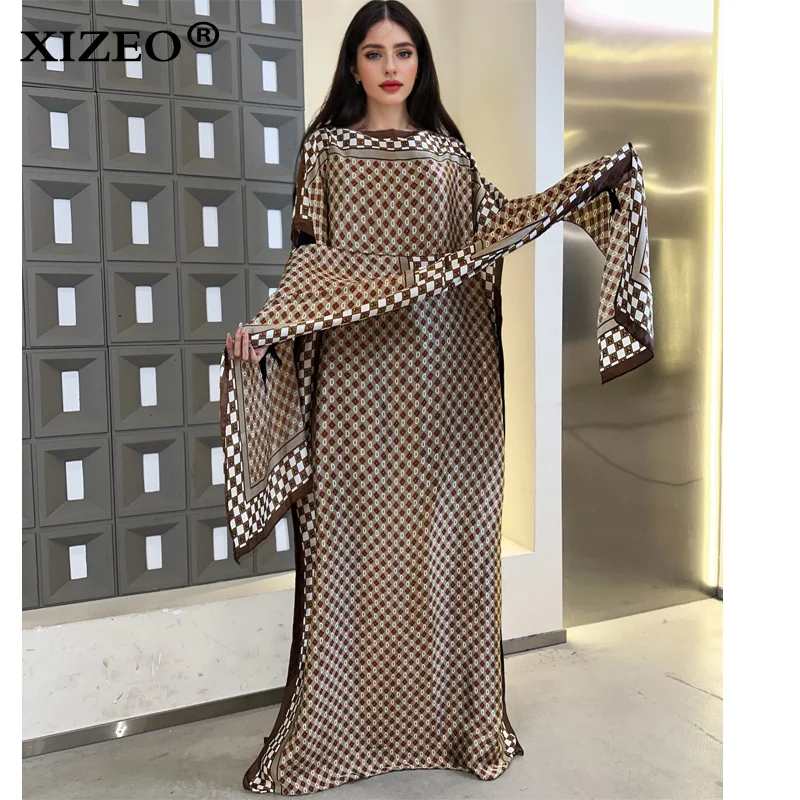 

XIZEO muslim african dresses for woman dubai abaya Crew Neck Wave dot print Kaftan Dress, Elegant Maxi Length Dress, maxi dress