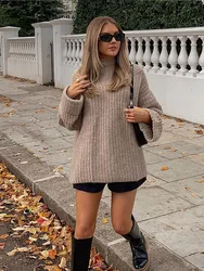 Elegant Solid Soft Knitted Pullover Women New Half-neck Long Sleeves Oversize Sweaters Autumn Warm Lady High Street Knitwear ﻿