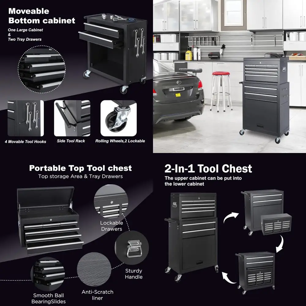 

Портативный сверхмощный шкаф для инструментов на колесиках с 8 ящиками со съемным ящиком для инструментов, запираемыми колесами и боковыми крючками для гаража или работы