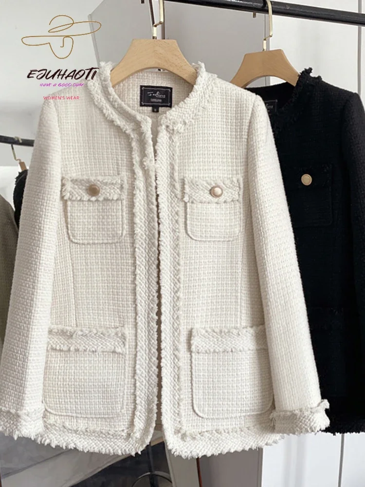 Women\'s Jacket Small Fragrance Coat 2024 New In Autumn Winter Korean Fashion O-Neck Tweed Vintage Outerwear Loose All-match Tops