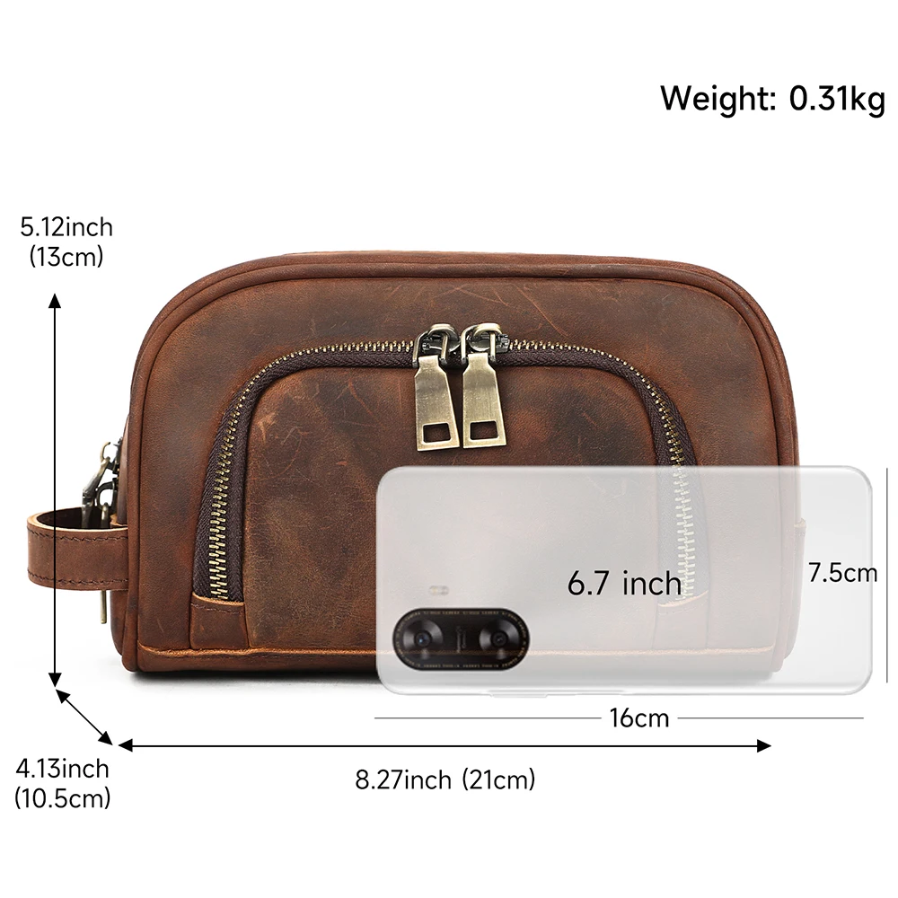 Genuine Cowhide Crazy Horse Leather Toiletry Bag Retro Portable Travel Cosmetic Handbag Wash Storage Bag For Men & Women