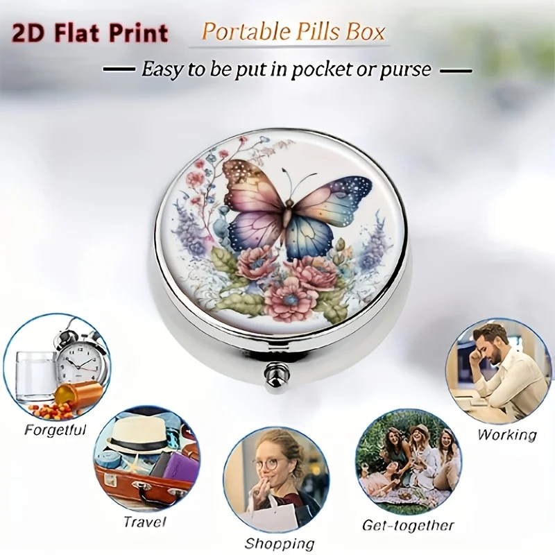 Portable Medicine and Vitamin Storage Box, Flat Design - with 3 Compartments, Printed with a Colorful Butterfly Pattern, Perfect for Placing in a Purse or Bag - Artistically Decorated, Also Suitable as a Gift for Small Items