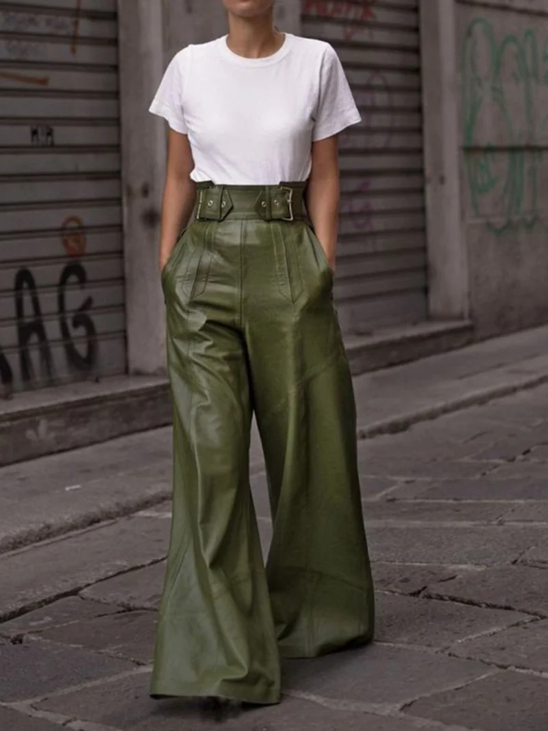 

Fashion Faux Leather Flare Pants Autumn Clothing Women High Waist Sashes Wide Leg Pants Streetwear Casual PU Leather Trousers
