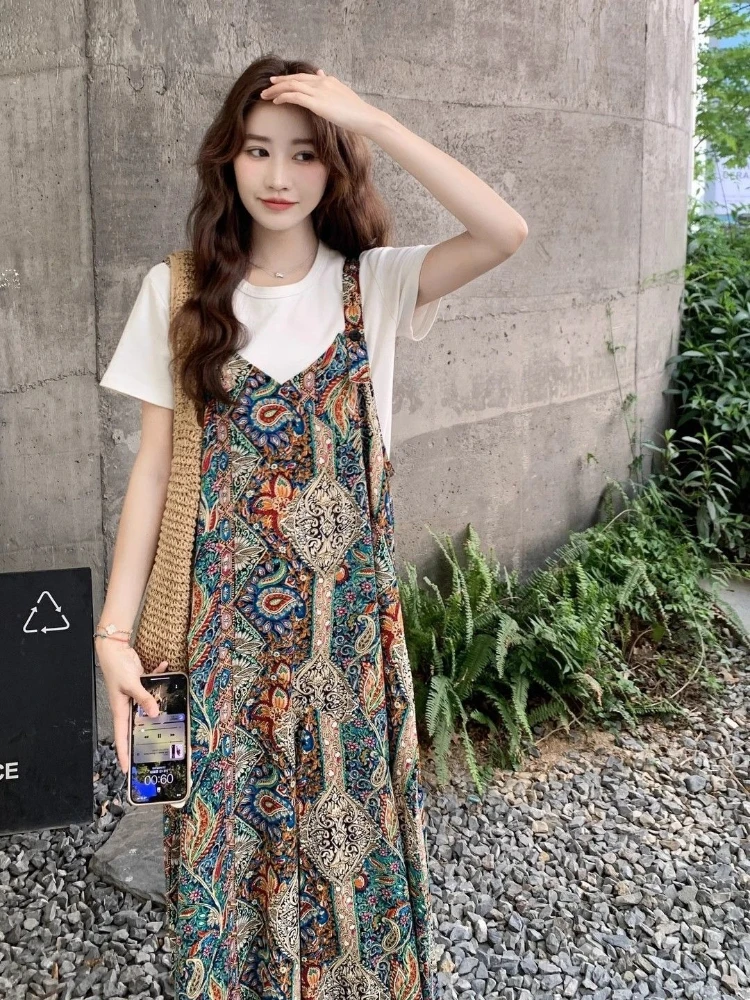 

Женский винтажный комбинезон на бретелях с принтом в стиле бохо, с широкими штанинами, летний повседневный свободный крой, модный комбинезон для пляжного отдыха