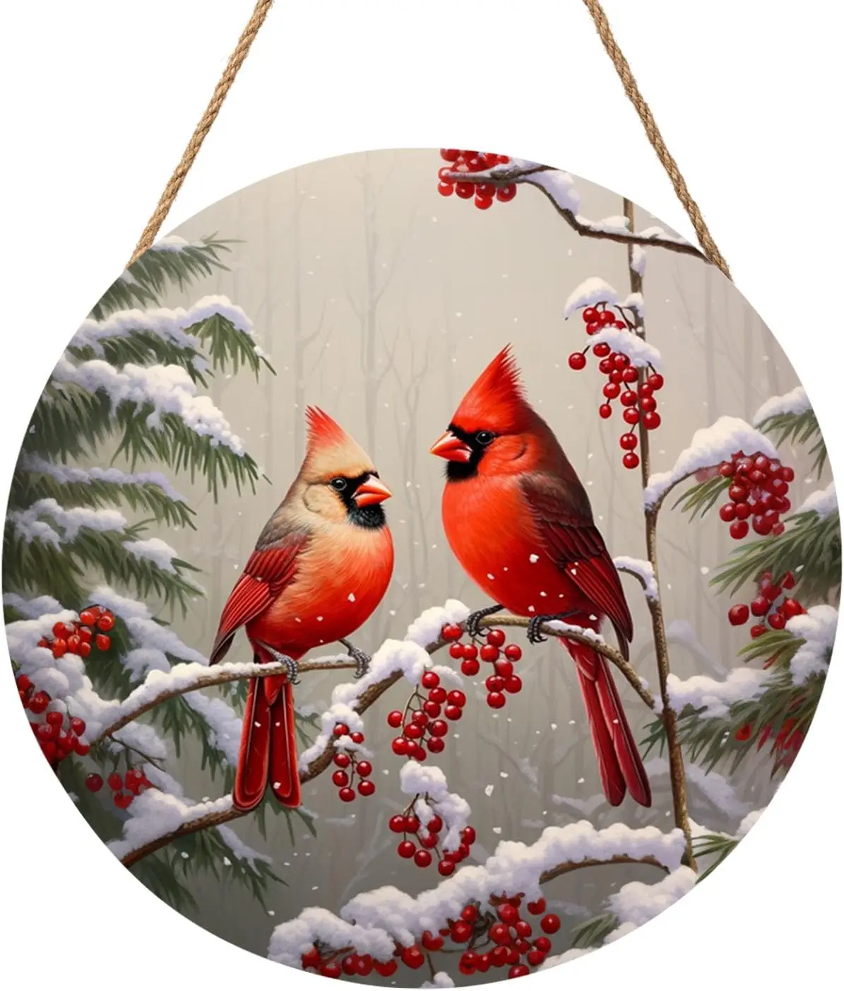 Winter Red Cardinal Bird Door Sign For Front Door Decor,Holly Berry Branches Snow Wooden Sign 12