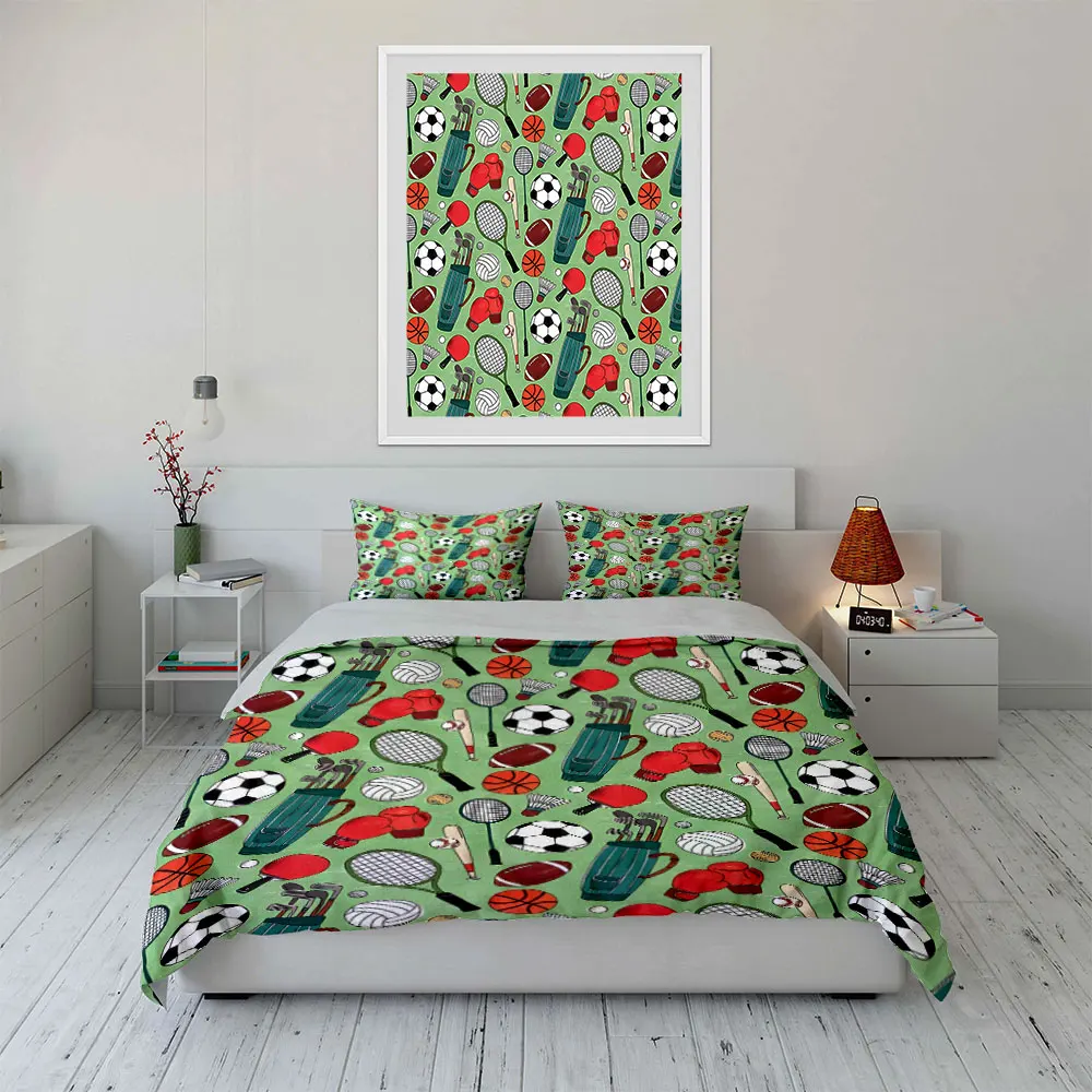 Diverse Sports Equipment Pattern Print Soft Comfortable Duvet Cover Bedding Set Included 1*Duvet Cover 2*Pillowcases 4