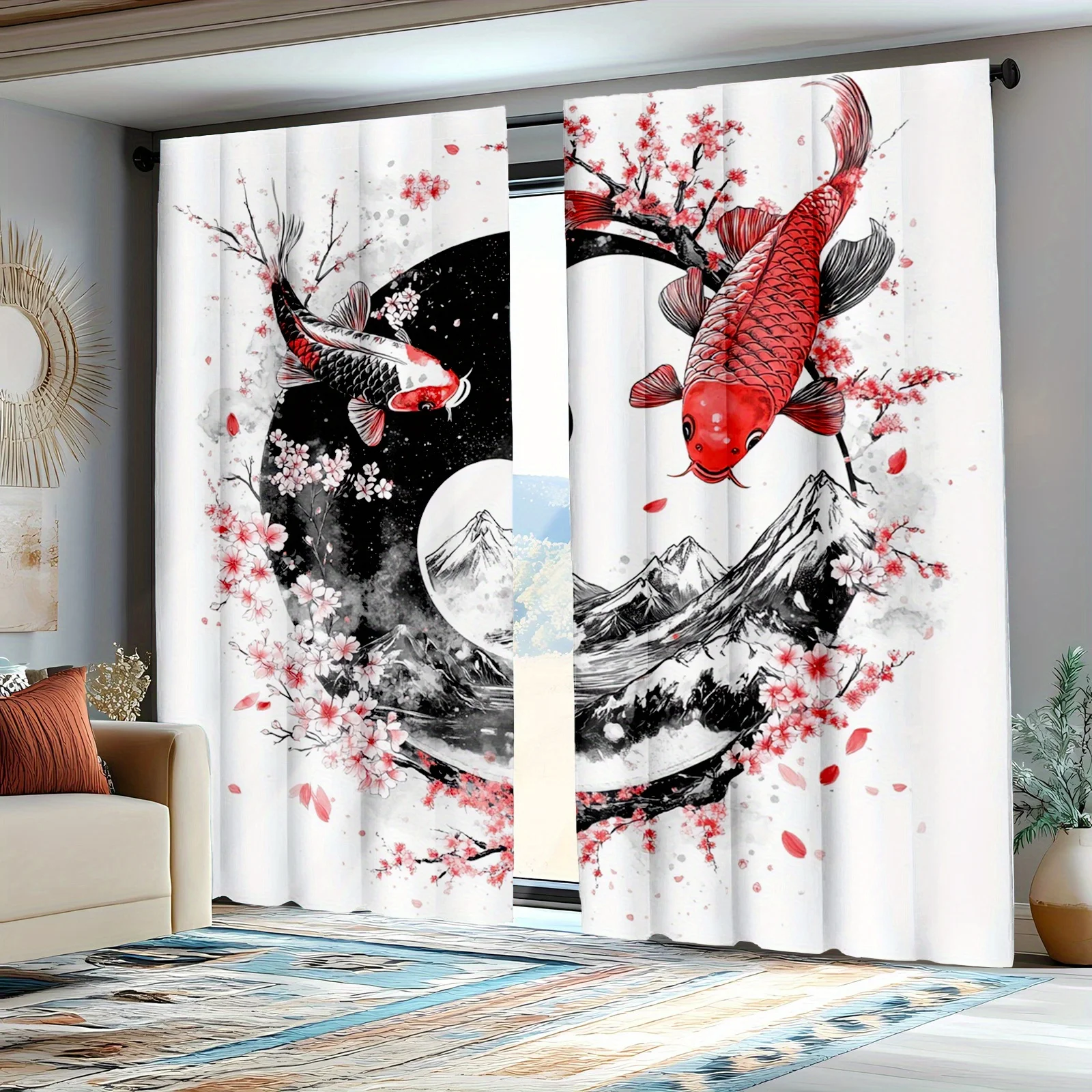 Japanese Koi Fish Watercolor Curtains 2pcs Asian Style Window Drapes Home Decor for Living Room Bedroom Oriental Artwork Accent