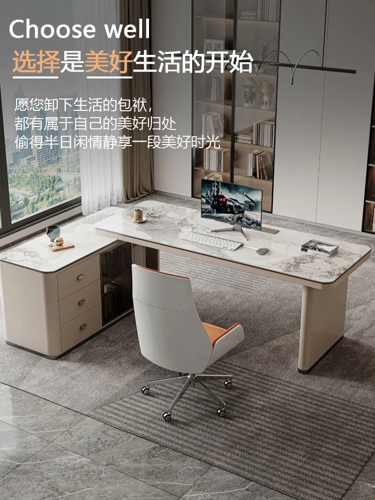 Italian Style Light Luxury Bright Stone Plate Corner Desk Boss Office Desk and Chair Modern Minimalist Writing Desk