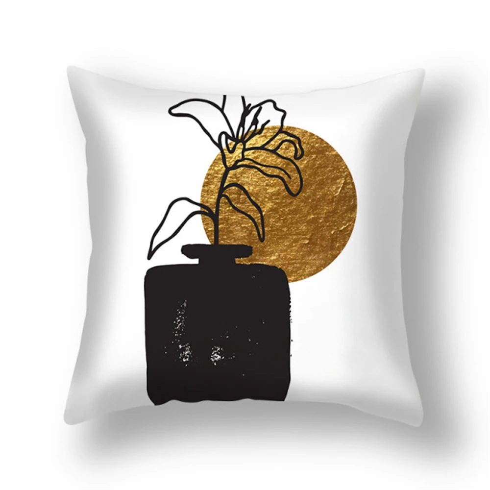 Simple Black Gold Sun Cushion Cover Vase Flower Pillow Cover Home Pillowcase Car Decorative For Living Room Sofa Square Cushions