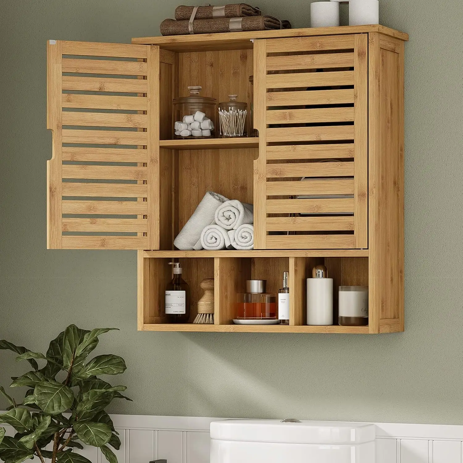 

Cabinet, Bamboo Medicine Cabinet with Doors and Adjustable Shelves, Bathroom Medicine Cabinet Wall Mount, Wall Mounted