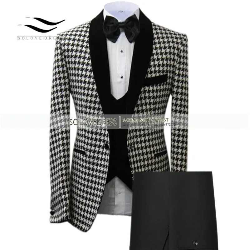 New Arrival 3 Pieces Men\'s Suits Houndstooth  Plaid Style Fashion Wool Groomsmen Suits For Wedding(Blazer+Vest+Pants)