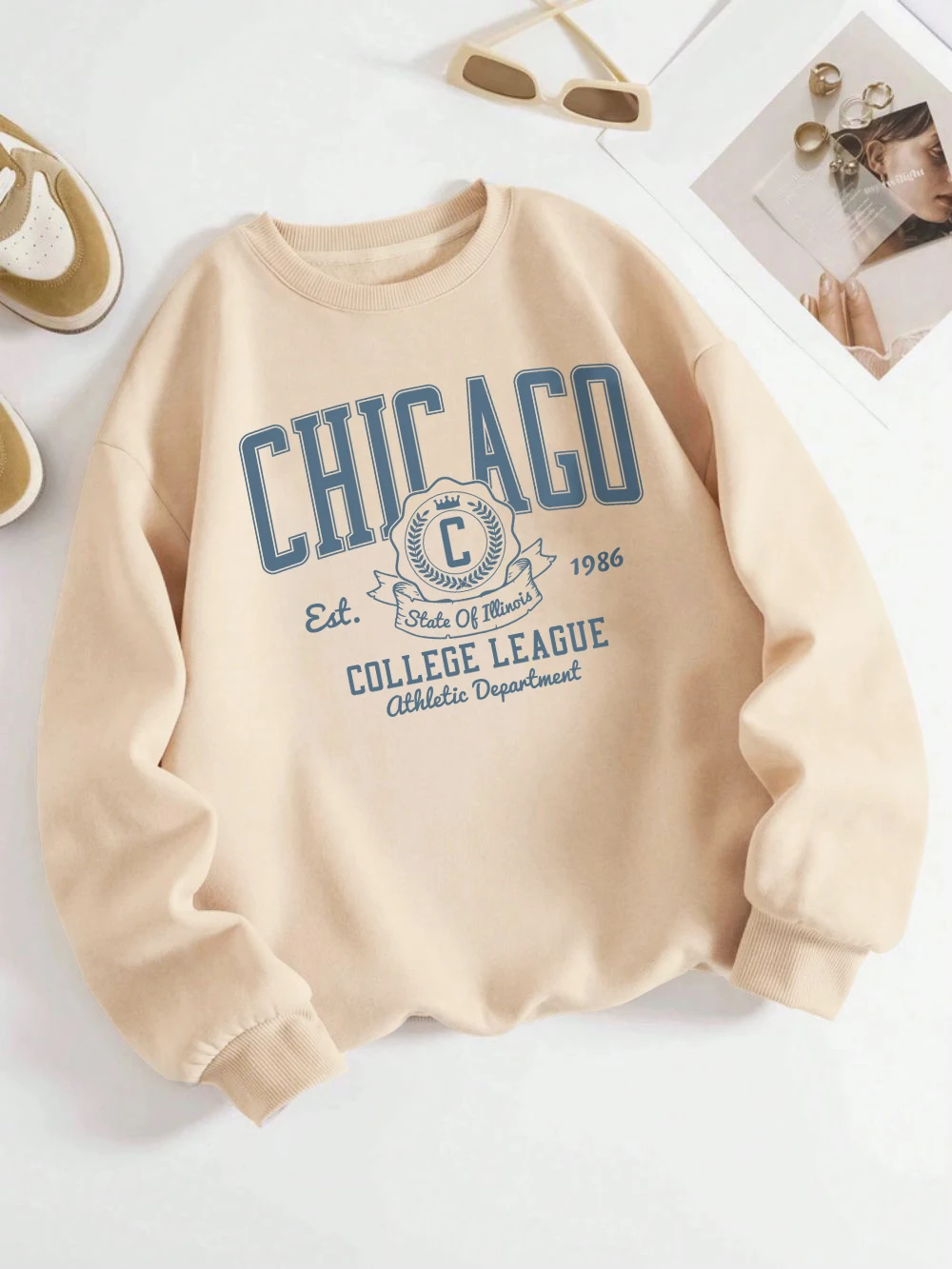 Chicago Sweatshirts Women College League Letter Prints Hoodies Loose Fleece Warm Crewneck Clothes Winter Sporty Womans Pullover