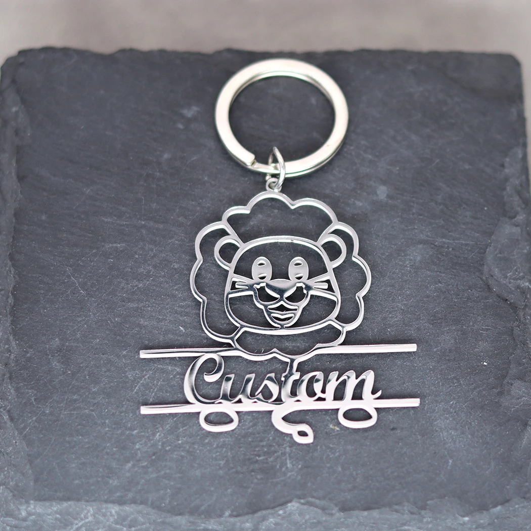 Cartoon Animal Lion Custom Name Keychain Stainless Steel Jewelry Personalized Men Women Car Keyring Trendy Souvenir Gift