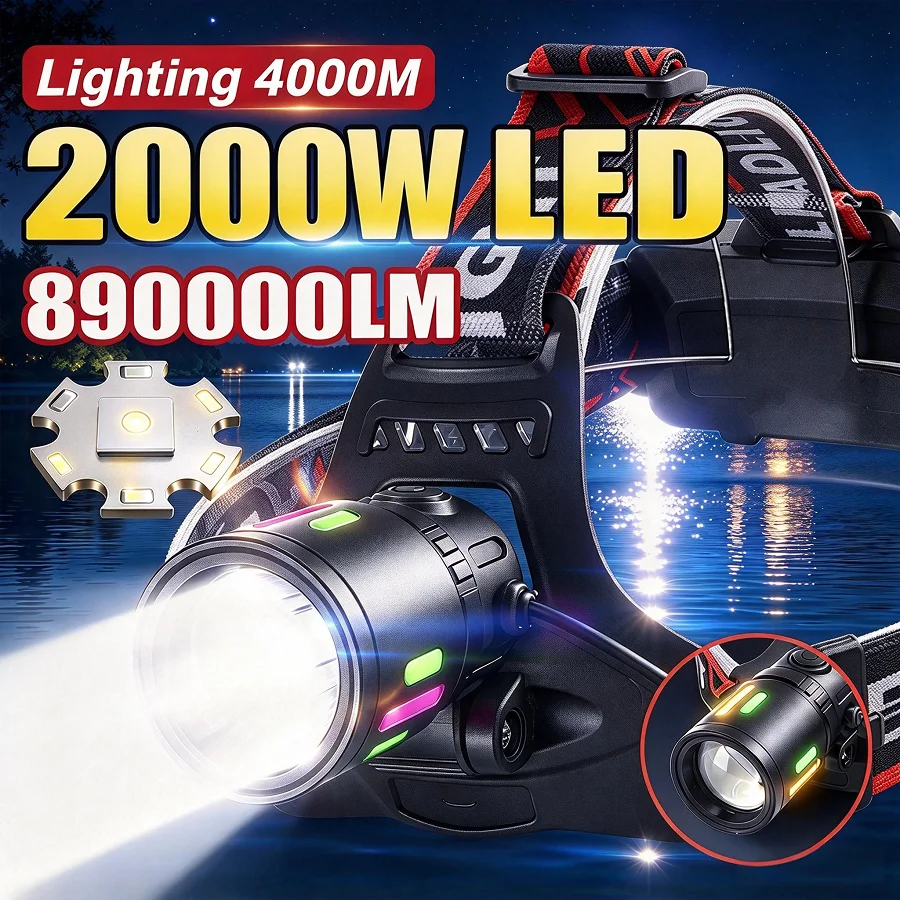 8900000LM Long Range 4000M Headlight 2000W Ultra Bright LED Headlamp 18650 Rechargeable Head Torch for Fishing Hunting Camping