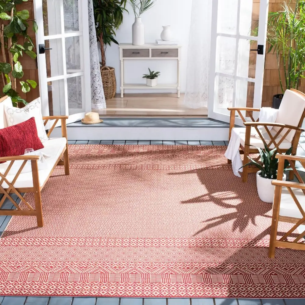 Washable Rug Outdoor Courtyard Collection - 8' x 10', Beige & Red, Non-Shedding & Easy Cleaning, Ideal for Patio, Backyard, Mudr