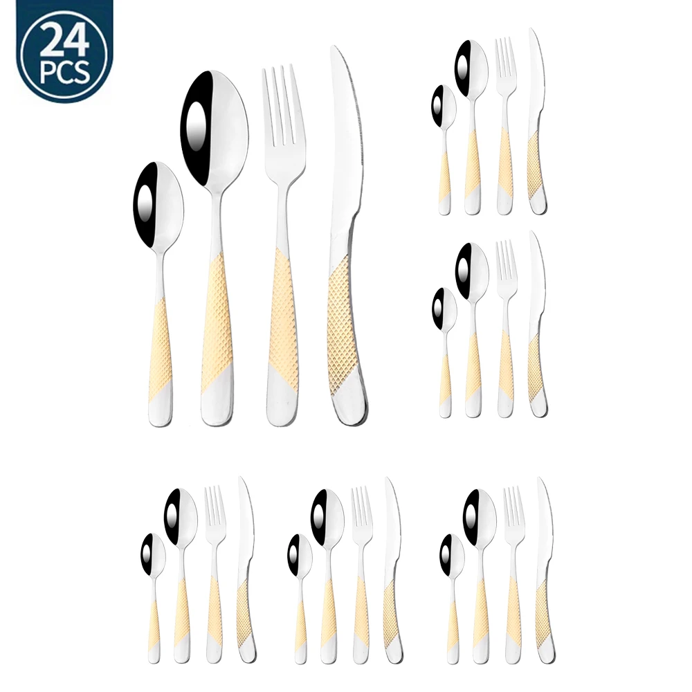 24Pcs/Set Silver Gold Tableware Cutlery Stainless Steel Dinner Set Mirror Western Steak Knife Fork Spoon Kitchen Flatware