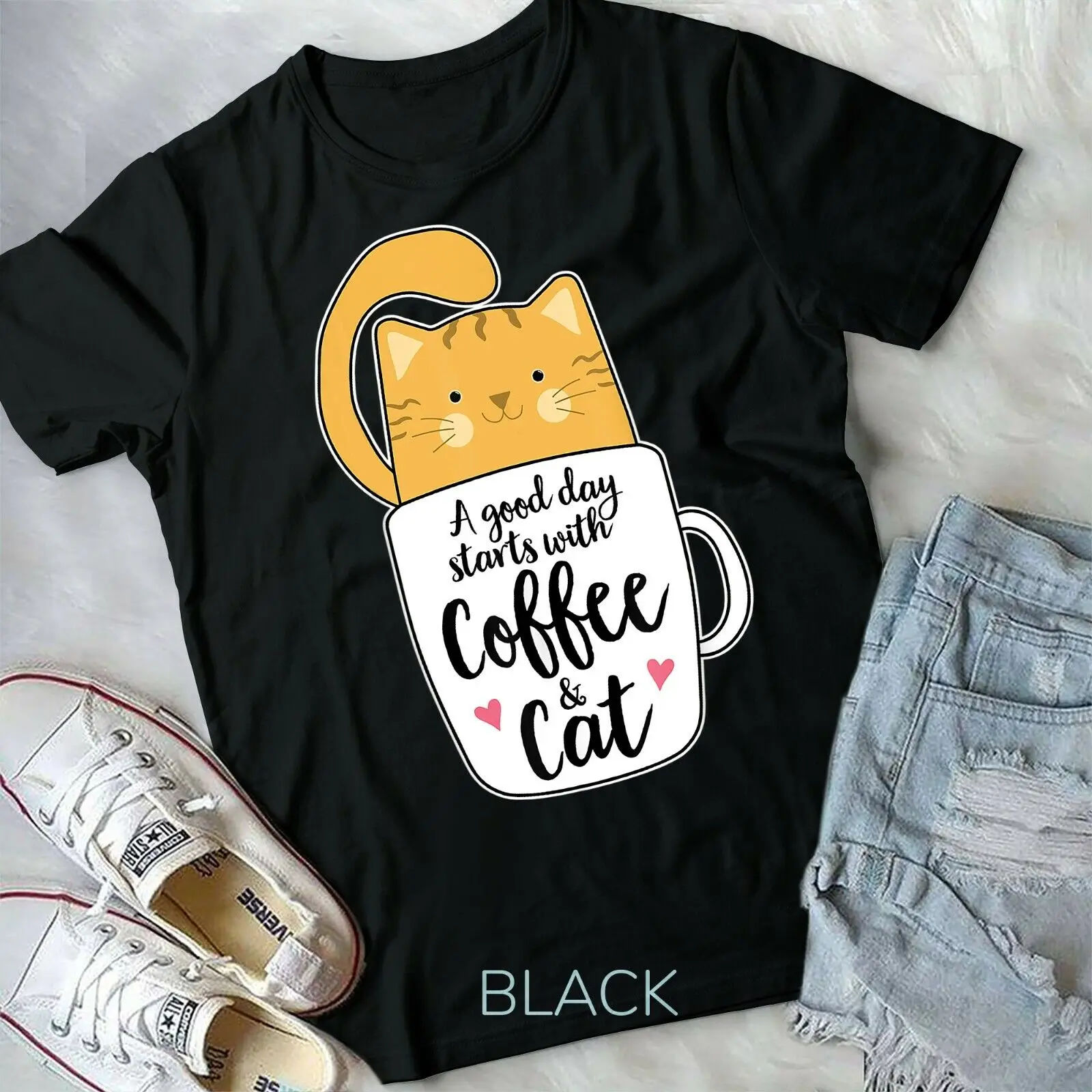 Lustige orange Katze Kaffeetasse T-Shirt Katze Liebhaber Geschenke Unisex Form T-Shirt