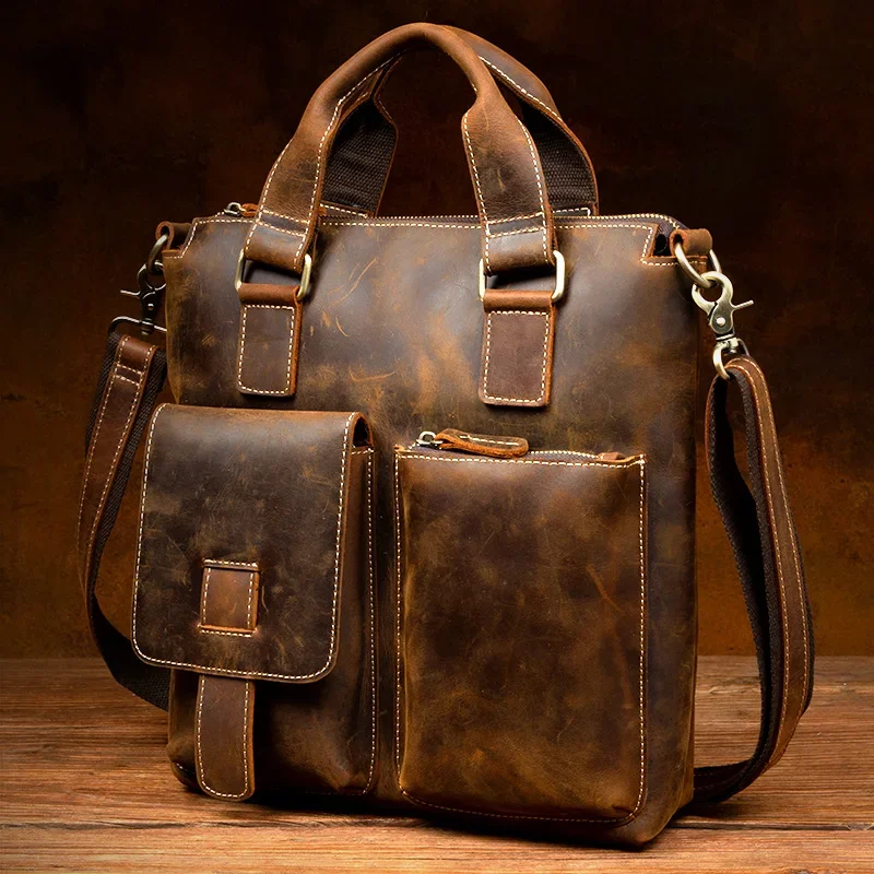 Crazy horse leather handbag leather men's bag casual leather briefcase retro handmade shoulder crossbody bag