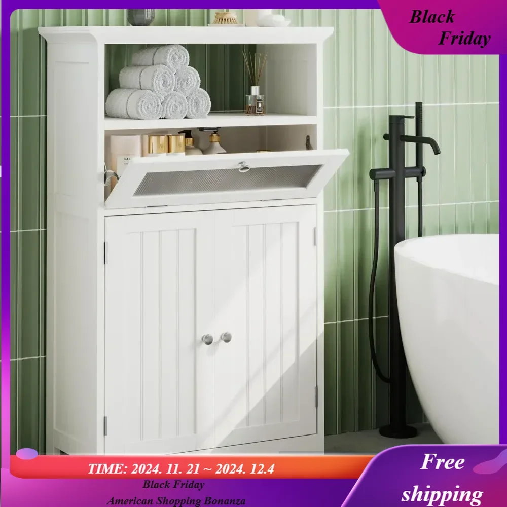 

Bathroom Floor Storage Cabinet with Flip Glass Drawer, Bathroom Cabinets Freestanding with 2 Doors Adjustable Shelf