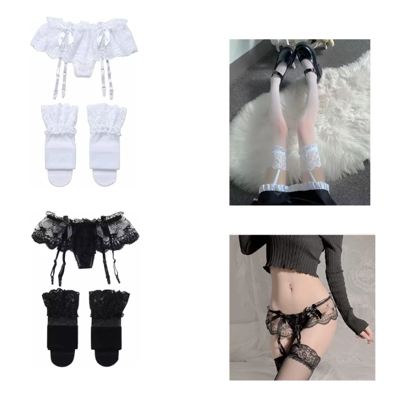 Fashion Women Lace Garter Belt and Stockings Set Jacquard Suspenders Panty Satin Bow Mini Skirt Hosiery Mesh Lingerie Pantyhose