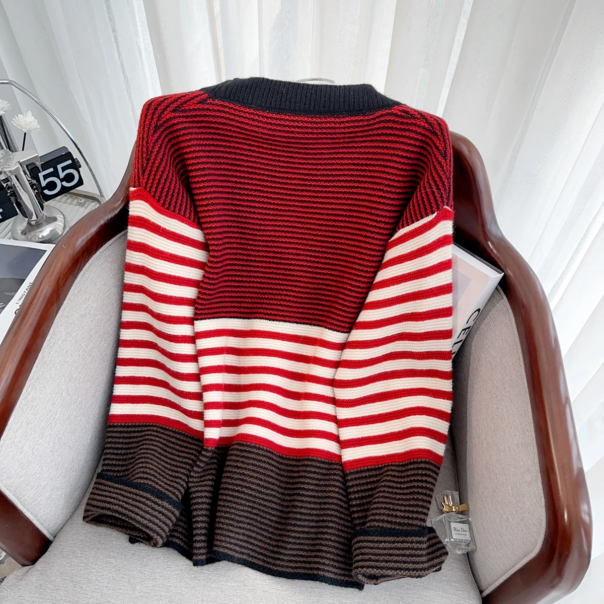 Camisola de malha listrada cardigan feminino com decote em v manga longa casacos soltos jaquetas outono inverno elegante chique moda senhoras jumpers topo