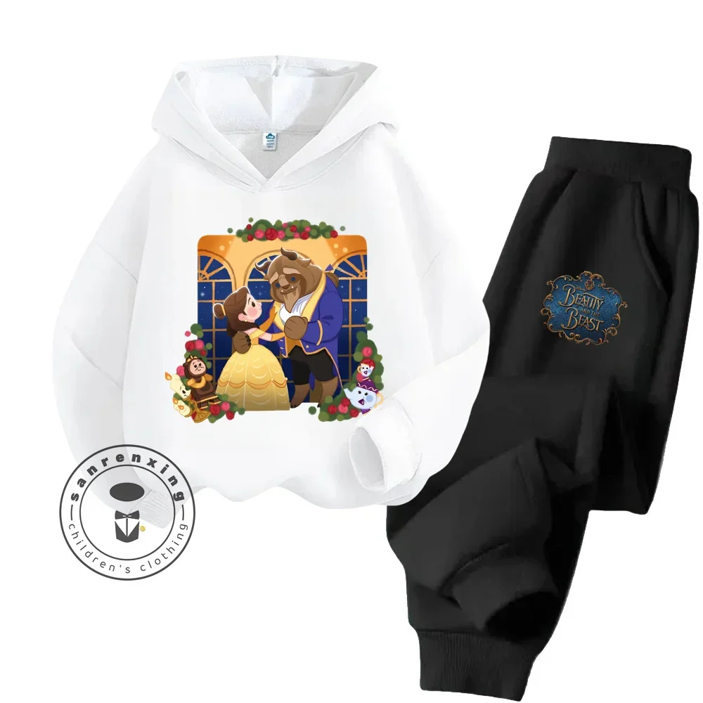 Kawaii Beauty and the Beast Cartoon Street Fashion Sets Elastic Long Sleeve Clothing for Boy Girl Autumn Winter Kids Hoodie Sets