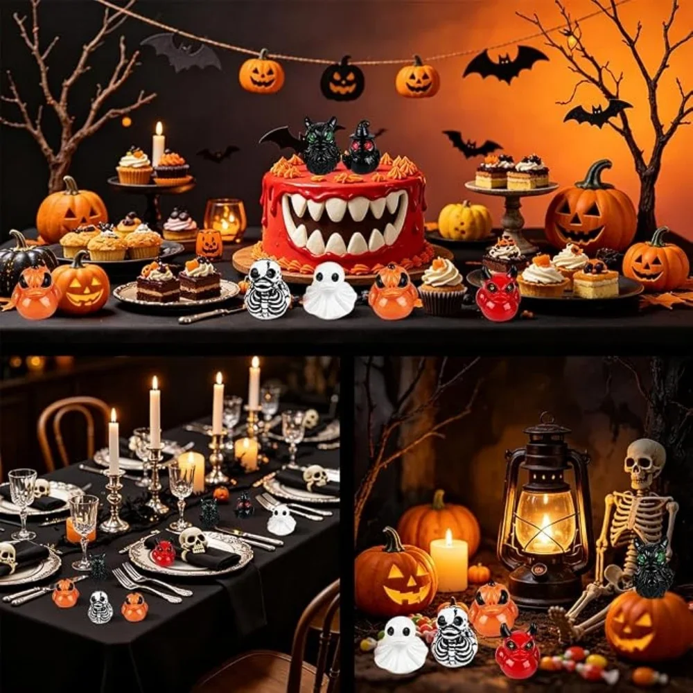 10/100pcs Halloween Mini Ducks Figurines Devil Ghost Skull Resin Tiny Spooky Statues Bulk Set for Party Festive Favor Decor Gift