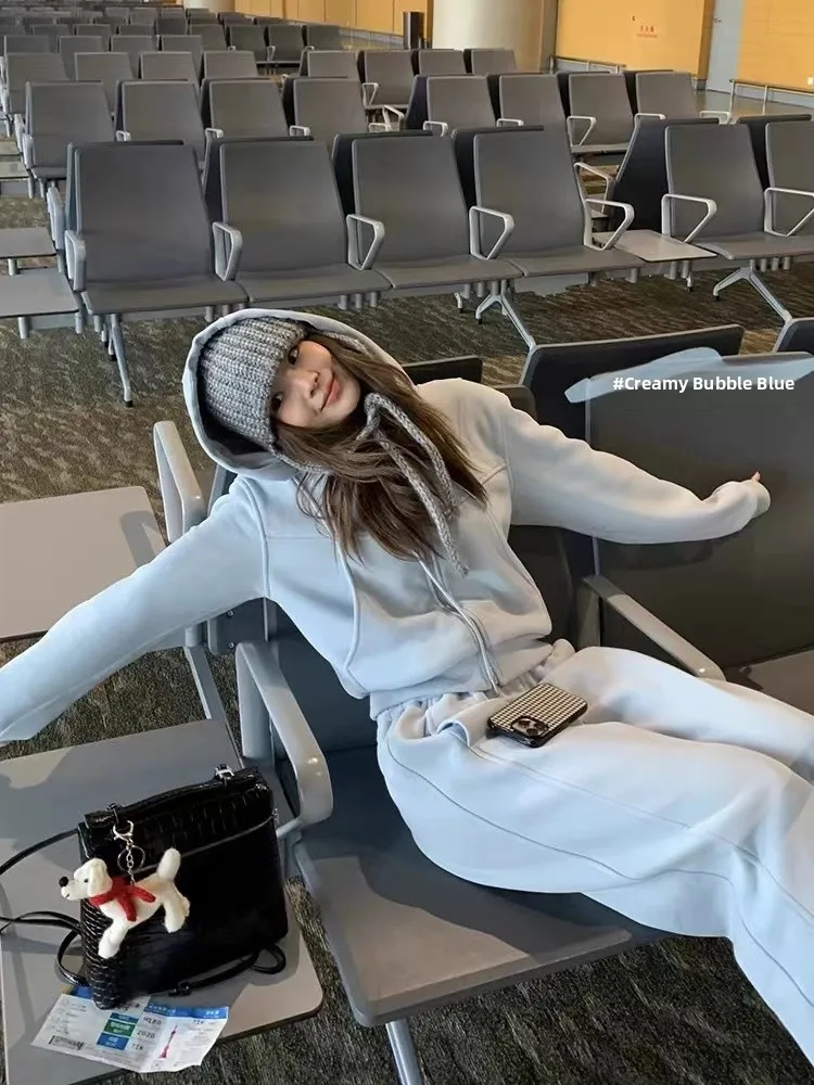 

Thiened Fce Hooded Open Cardigan Sweatirt Women's ort Size Autumn Winter Warm Straight Leg Casual Pants Set