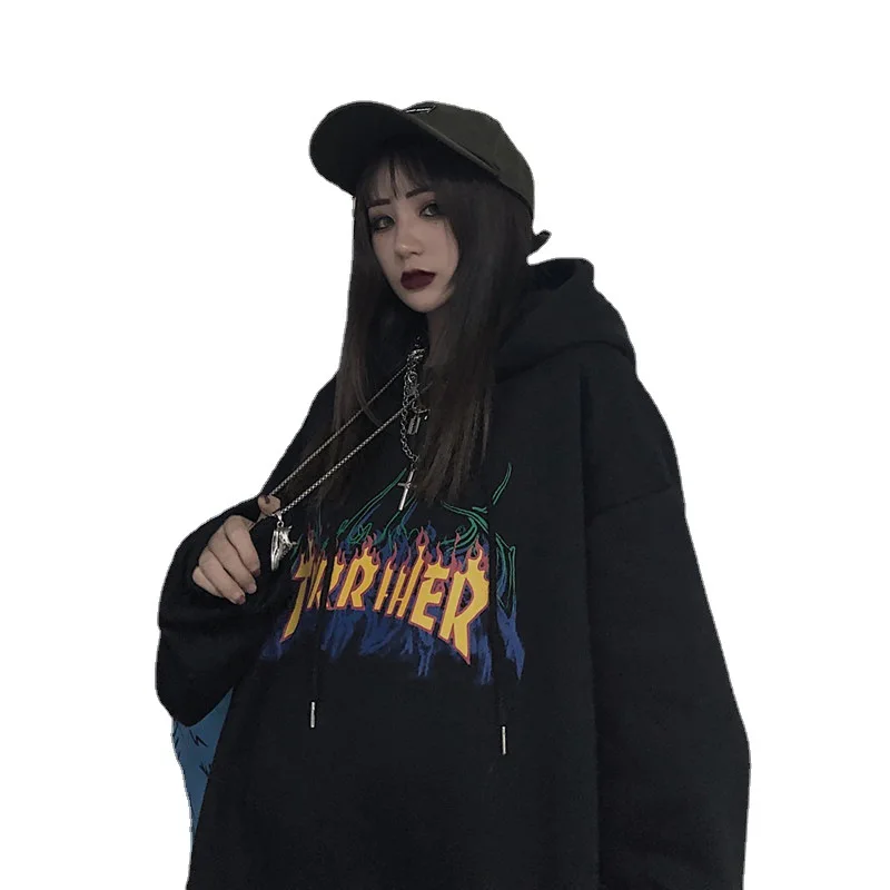 Свитер унисекс Корейская версия Instagram темные парные свободные свитера с капюшоном свитера с принтом пламени Y2k одежда пуловер женский