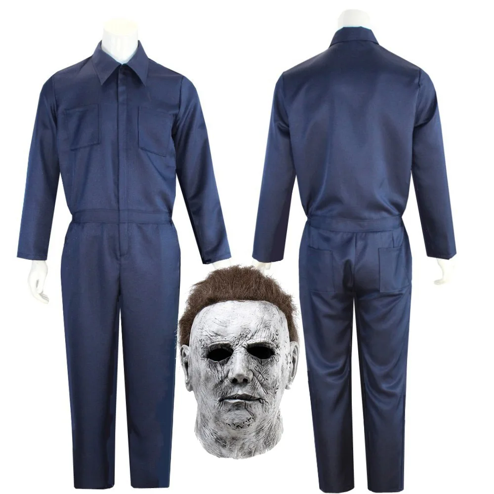 Michael Myers Costume Mask Cosplay Horror Demon Killer Blue Working Clothes for Men Disguise Halloween Suit for Adults Jumpsuit